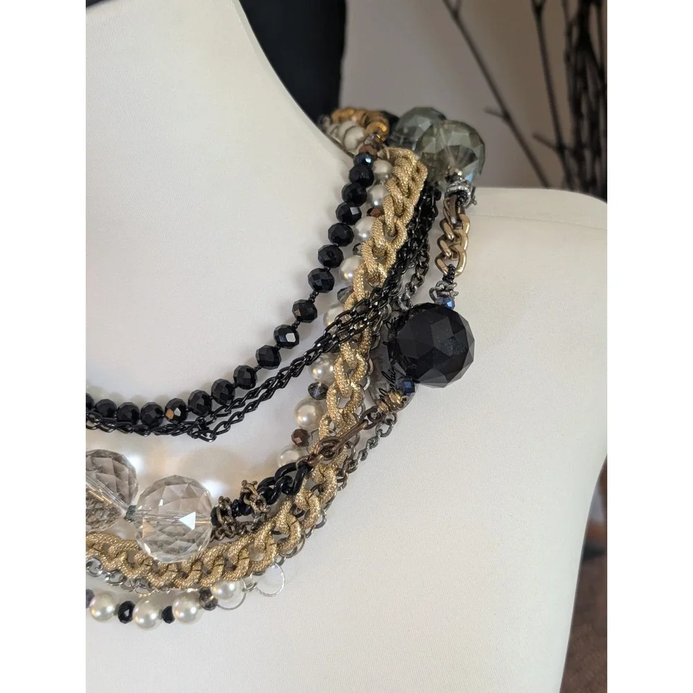 Morfina & Stone Designer Statement Necklace Chunky Mixed Chain Black Faceted...